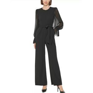 Calvin Klein Black Blouson Sleeve Belted Ankle Length Crewneck Jumpsuit Office 4